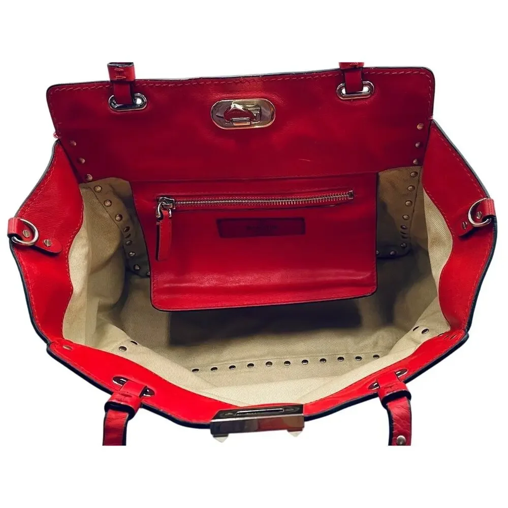 Valentino Garavani Rockstud Red Gold Studded Leather 2Way Satchel Bag Glam Rock